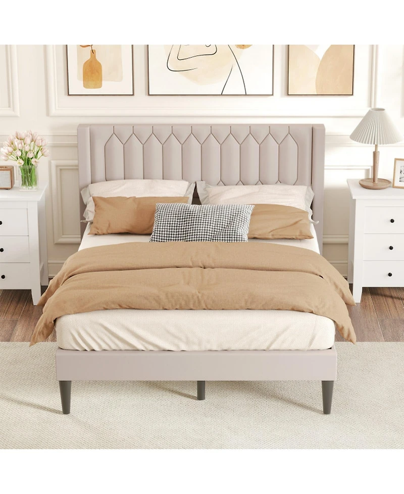 Gouun Velvet Upholstered Platform Bed Frame with Headboard and Wingback Headboard