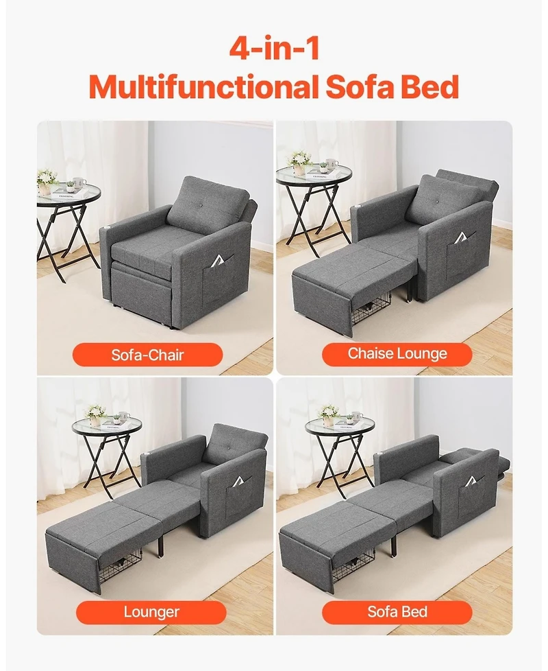 Gouun Convertible Sleeper Sofa Bed with 5 Adjustable Angles, Side Pockets, and Pull-Out Design