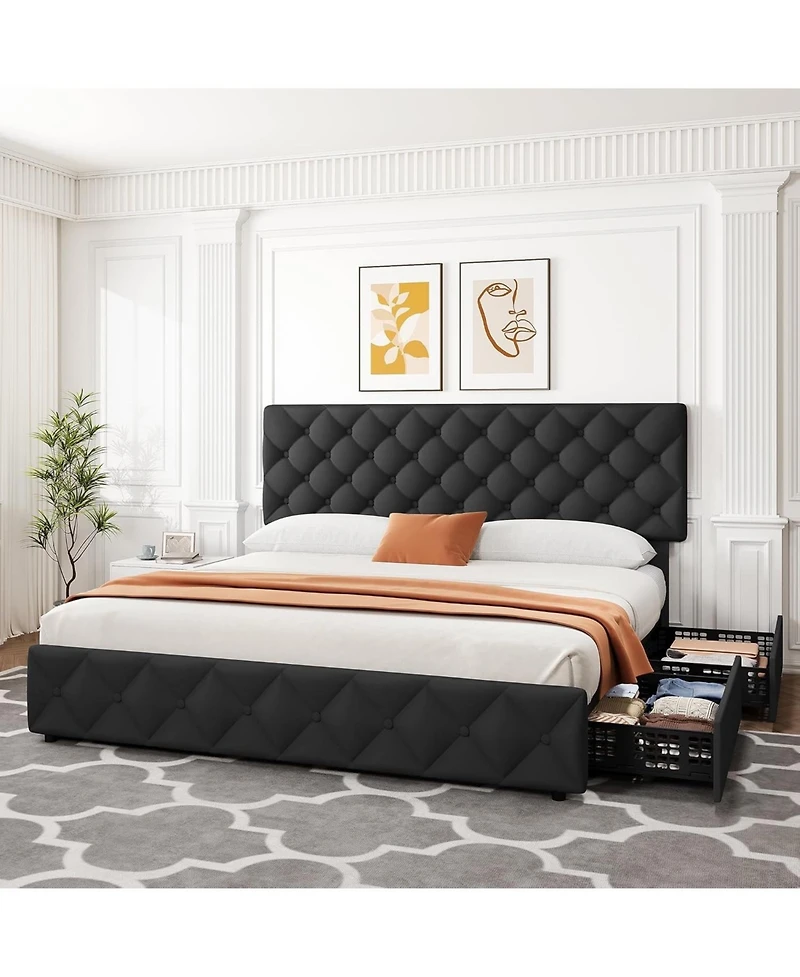 gaomon King Upholstered Platform Bed Frame- 4 Storage Drawers Adjustable Headboard No Box Spring Needed