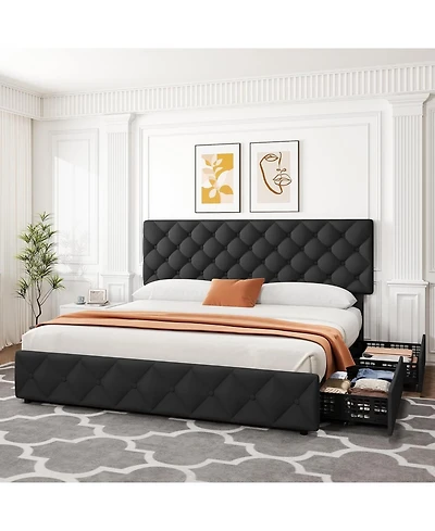 gaomon King Upholstered Platform Bed Frame- 4 Storage Drawers Adjustable Headboard No Box Spring Needed