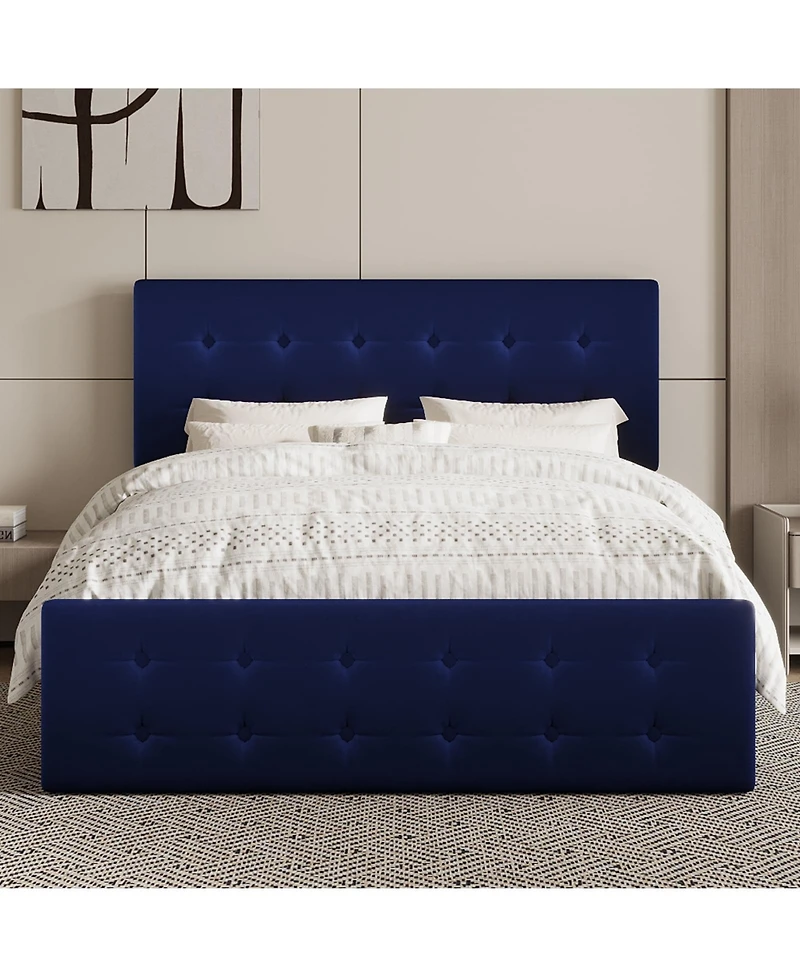 gaomon bed Frame 4 Storage Drawers Linen Upholstered Headboard Wooden Slats No Box Spring Button Tufted