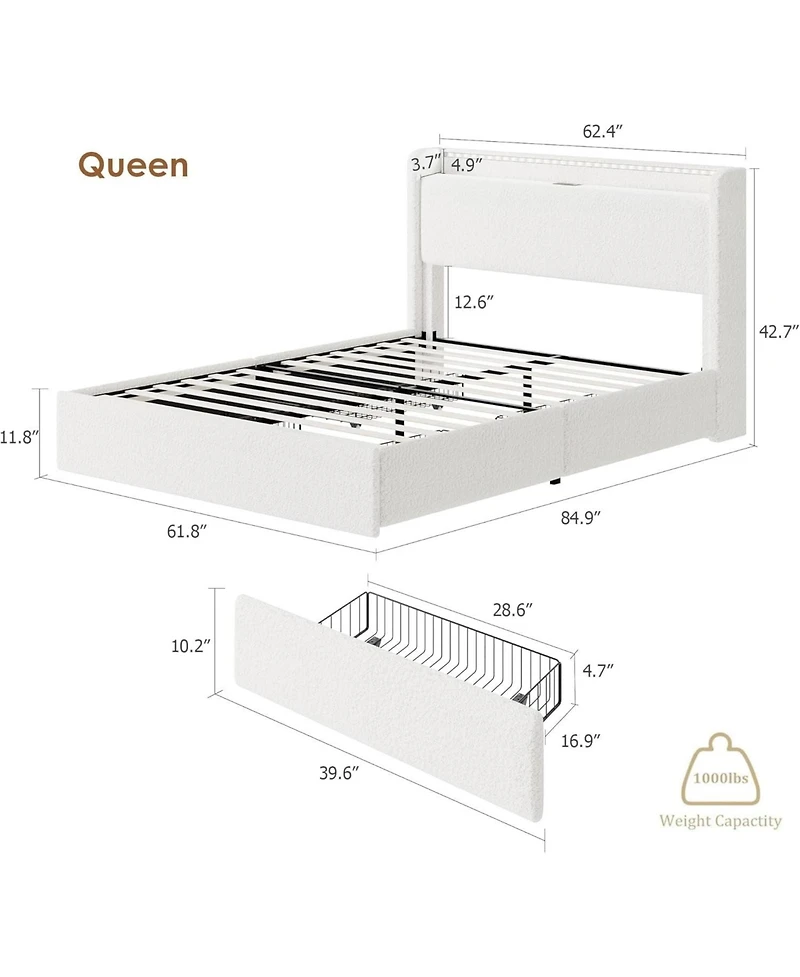 gaomon Platform Bed Lighted Upholstered 4 Storage Drawers Headboard Wooden Slats Noise-Free Easy Assembly No Box Spring