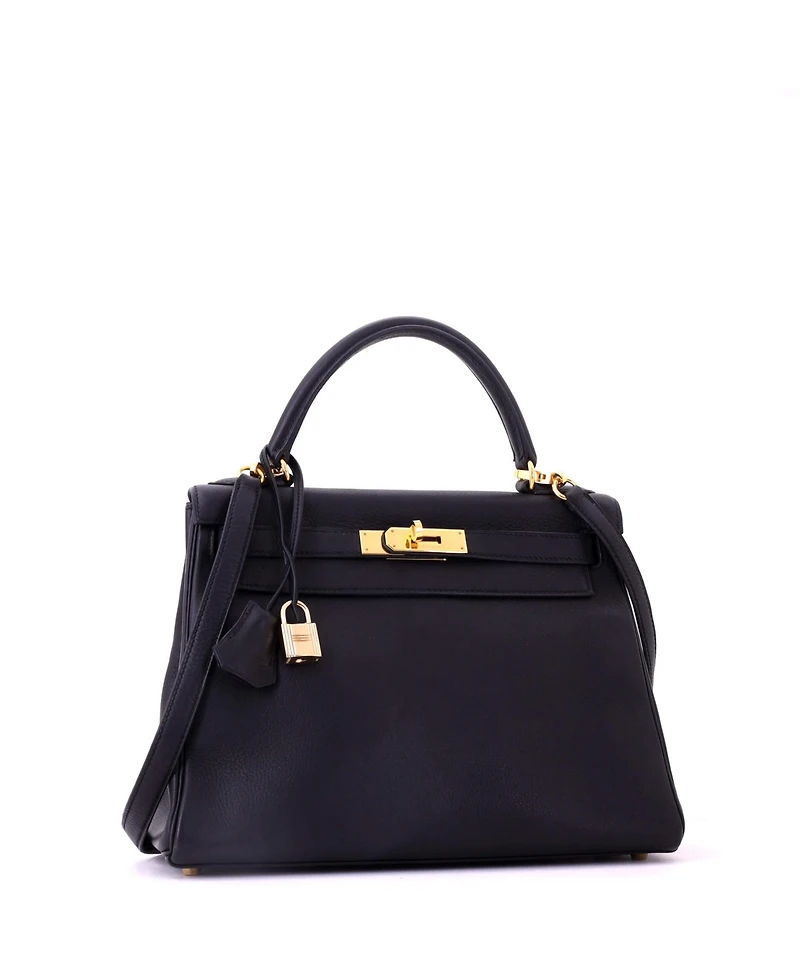 Pre-Owned HERMES Kelly 28 Handbag Black Clemence with Gold Hardware