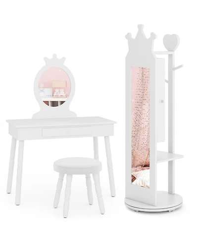Gouun Princess Vanity Table and Stool Set with Jewelry Cabinet and Full-Length Mirror