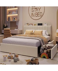 gaomon Bed Frame Storage Headboard 2 Drawers Boucle Upholstered Platform Bookcase Easy Assembly No Box Spring