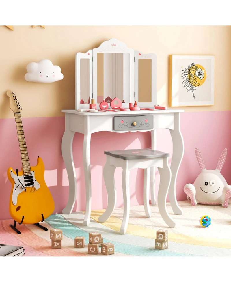 Gouun Kids Vanity Table and Chair Set with Tri-Folding Mirror and Drawer