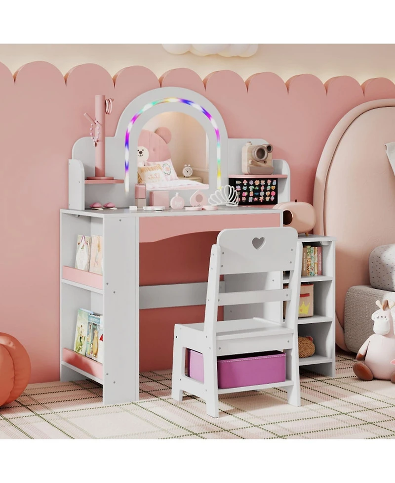 Gouun Kids Vanity Set with Led Lights and Makeup Dressing Table with Chair