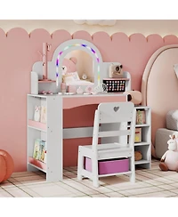 Gouun Kids Vanity Set with Led Lights and Makeup Dressing Table with Chair