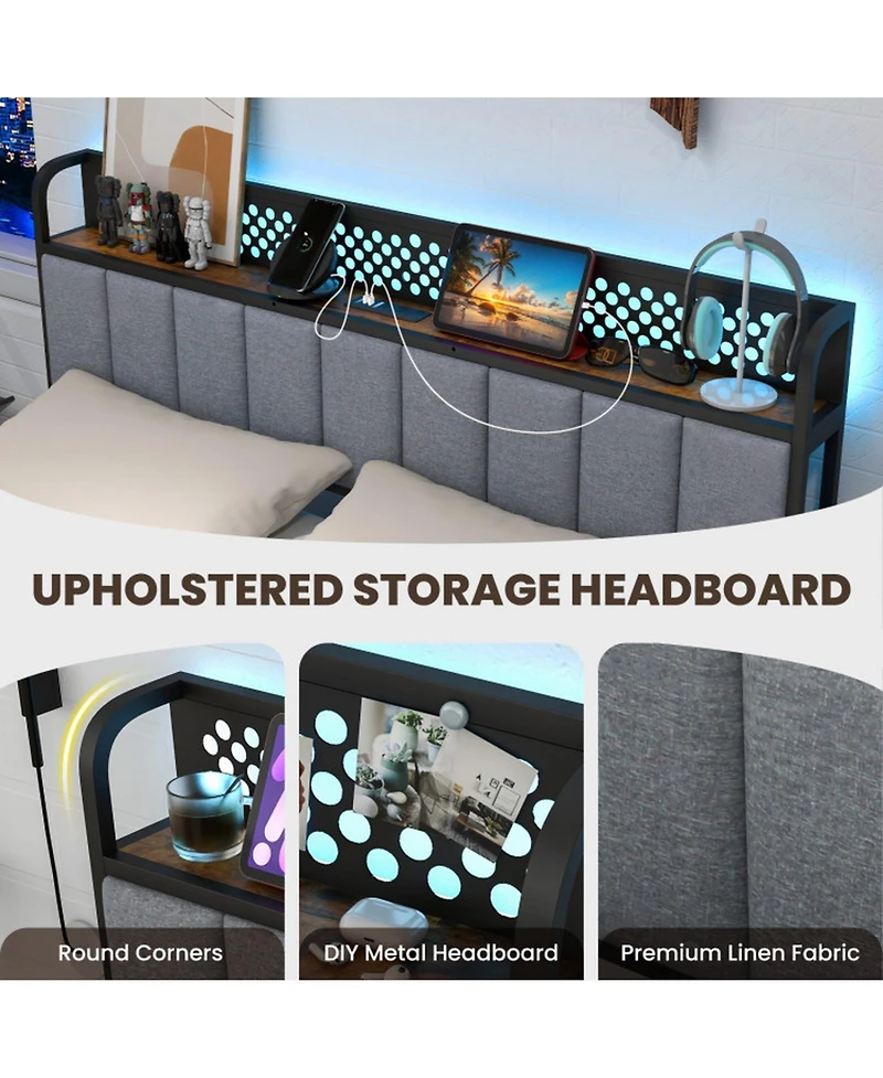 Gouun Metal Platform Bed Frame with Led Lights and Storage Drawers and Headboard