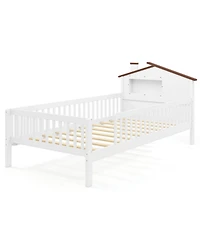 Gouun Twin Kids Montessori Bed with Storage Shelves and House-Shaped Headboard