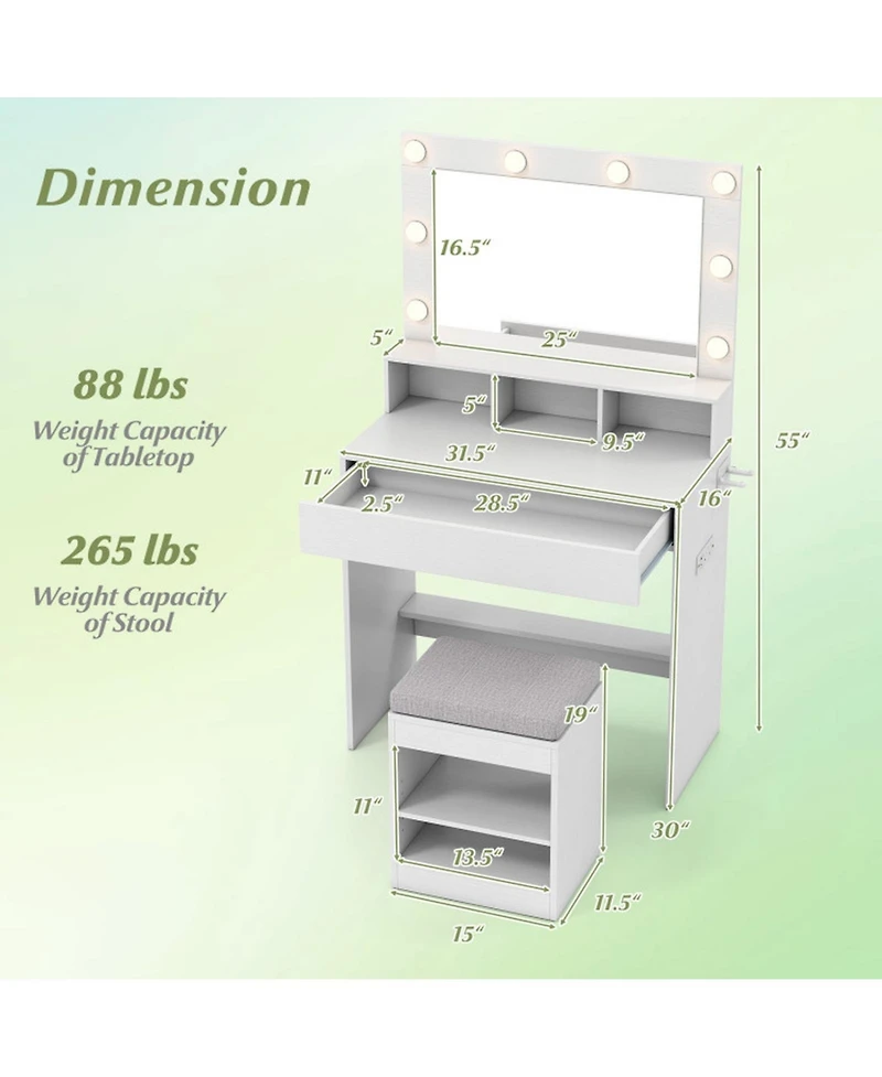 Gouun 31.5 in Vanity Desk with 3 Lighting Modes and Storage Shelves