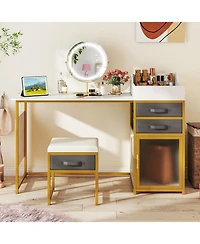 Gouun 55 in Vanity Desk with Rotatable Lighted Mirror and Fabric Drawers