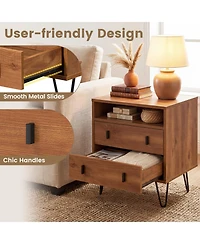 Gouun Mid-Century Modern 2-Drawer Nightstand with Open Storage Compartment