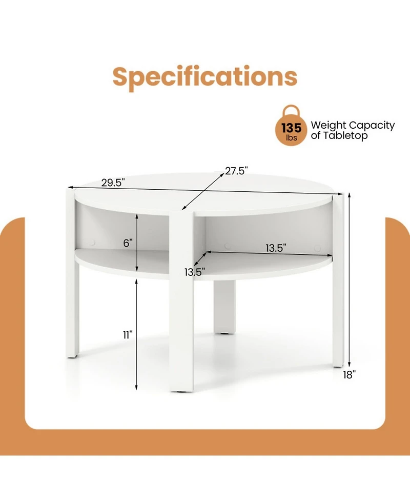 Gouun 29.5 in Round Coffee Table with Side Storage Shelves for Small Spaces