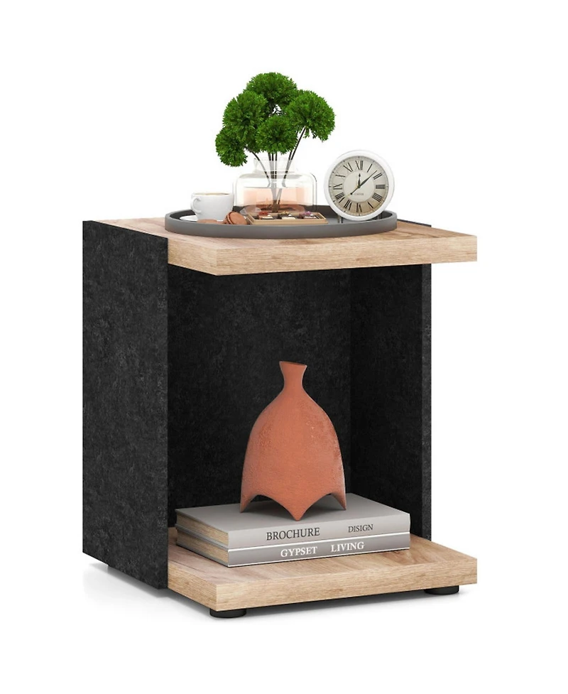 Gouun 16.5 in Mid-Century 2-Tier End Table with Open Storage Shelf, Oak