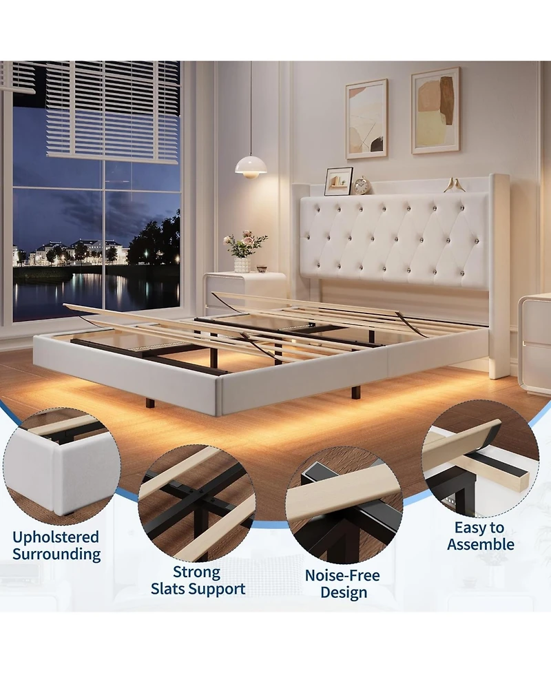 gaomon Floating Bed Frame Led Lights Velvet Upholstered Platform Storage Headboard No Box Spring Noise-Free