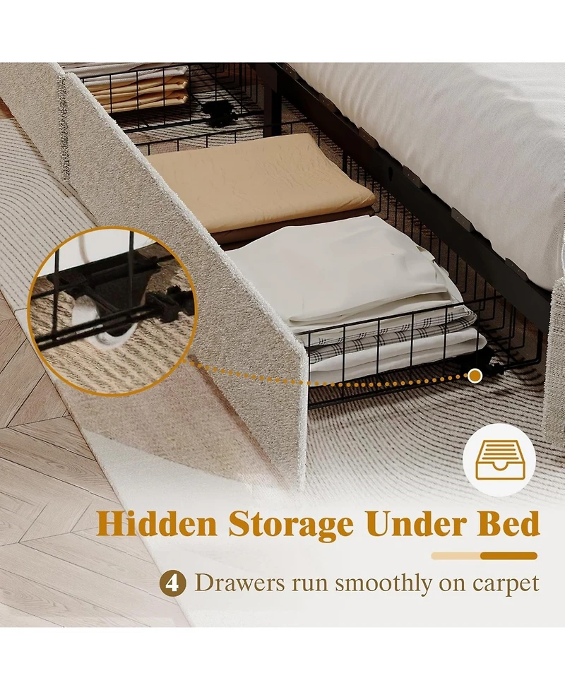 gaomon Platform Bed Frame Upholstered Velvet 4 Storage Drawers Wooden Slats Support No Box Spring Easy Assembly Noise-Free