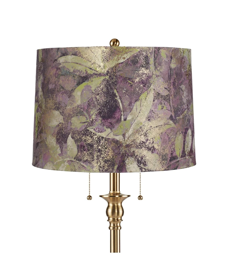 360 Lighting Dyna Traditional 58" Tall 2-Light Standing Floor Lamp Pull Chain Gold Antique Brass Finish Drum Botanical Leaf Shade