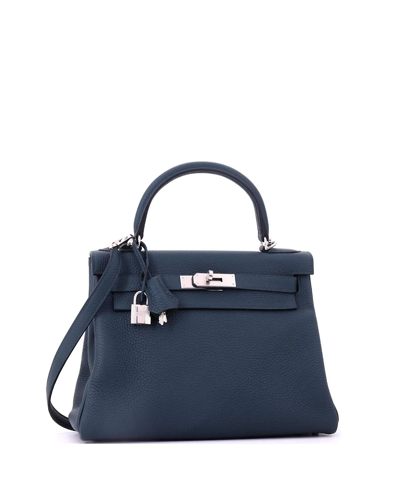 Pre-Owned HERMES Kelly 28 Handbag Green Clemence with Palladium Hardware