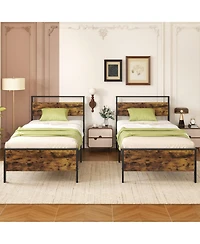 Gouun Twin Metal and Wood Platform Bed Frame with Headboard and Industrial Design