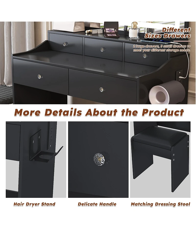 Rainsken Mirror Vanity Desk, Makeup Vanity Set with 5 Drawers, Power Outlet