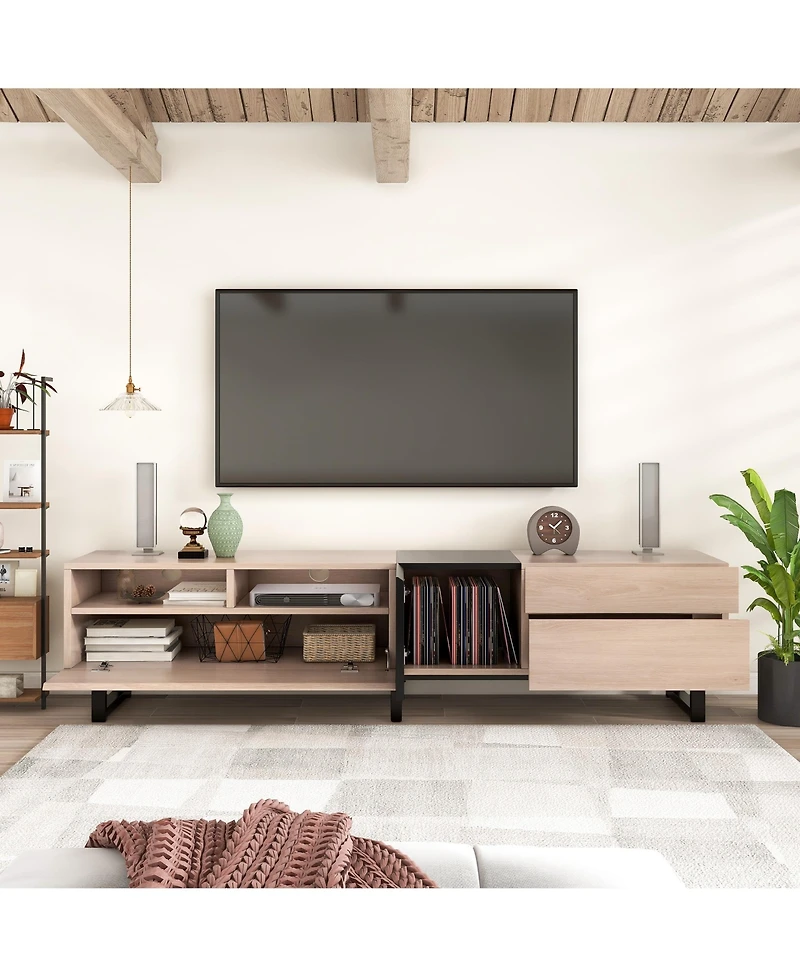 Rainsken Modern Tv Stand for 80'' Tv, Wooden Entertainment Center with Double Storage Space and Drop Down Door, Media Console Table for Living Room