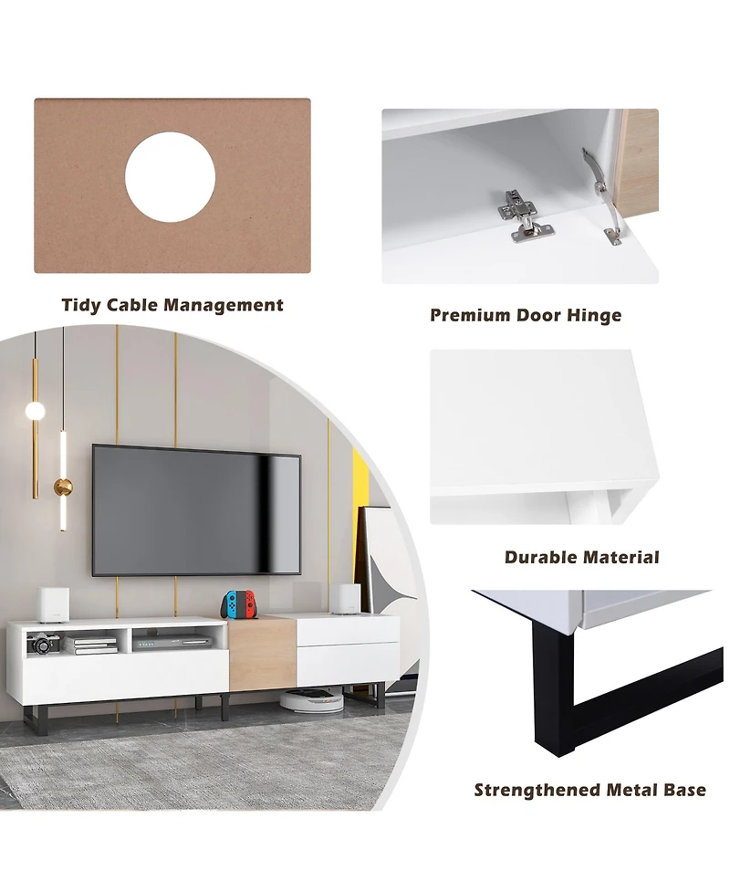 Rainsken Modern Wooden Media Console for 80 Inch Tvs, Entertainment Center with Dual Storage and Drop Down Door, TV Stand for Living Room
