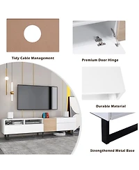 Rainsken Modern Wooden Media Console for 80 Inch Tvs, Entertainment Center with Dual Storage and Drop Down Door, TV Stand for Living Room