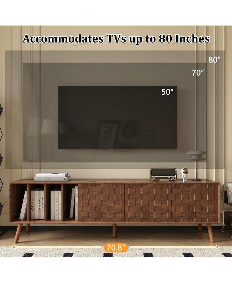 Rainsken 70" Tv Stand for TVs , Media Console Table with 3 Doors and Vertical Open Shelves, Modern Entertainment Center for Living Room