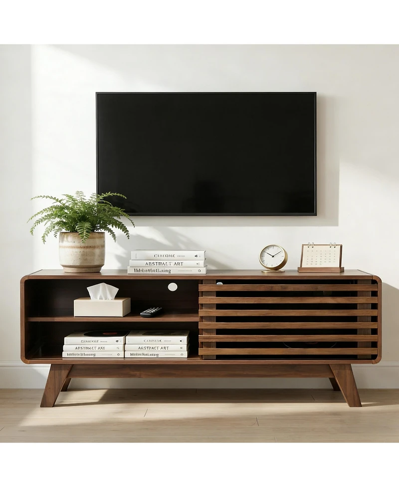 Rainsken Tv Stand with Slatted Sliding Door, Mid Century Modern Media Console Table for 50 Inch Tv, Entertainment Center for Living Room