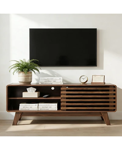 Rainsken Tv Stand with Slatted Sliding Door, Mid Century Modern Media Console Table for 50 Inch Tv, Entertainment Center for Living Room