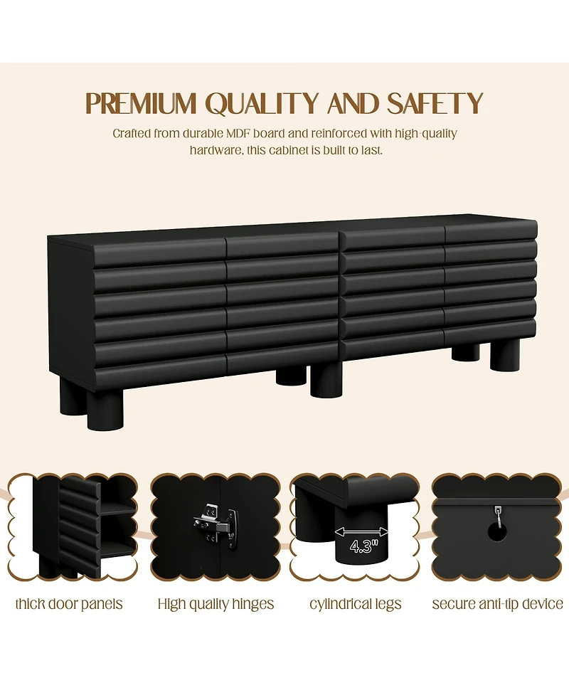 Rainsken Modern Wavy Door Media Console for 75-Inch TVs, Sleek Entertainment Center with 4 Storage Cabinets and Adjustable Shelves for Living Room