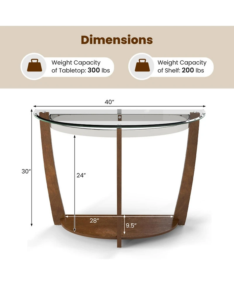Gouun 40 in Half-Moon Tempered Glass Console Table with Open Shelf