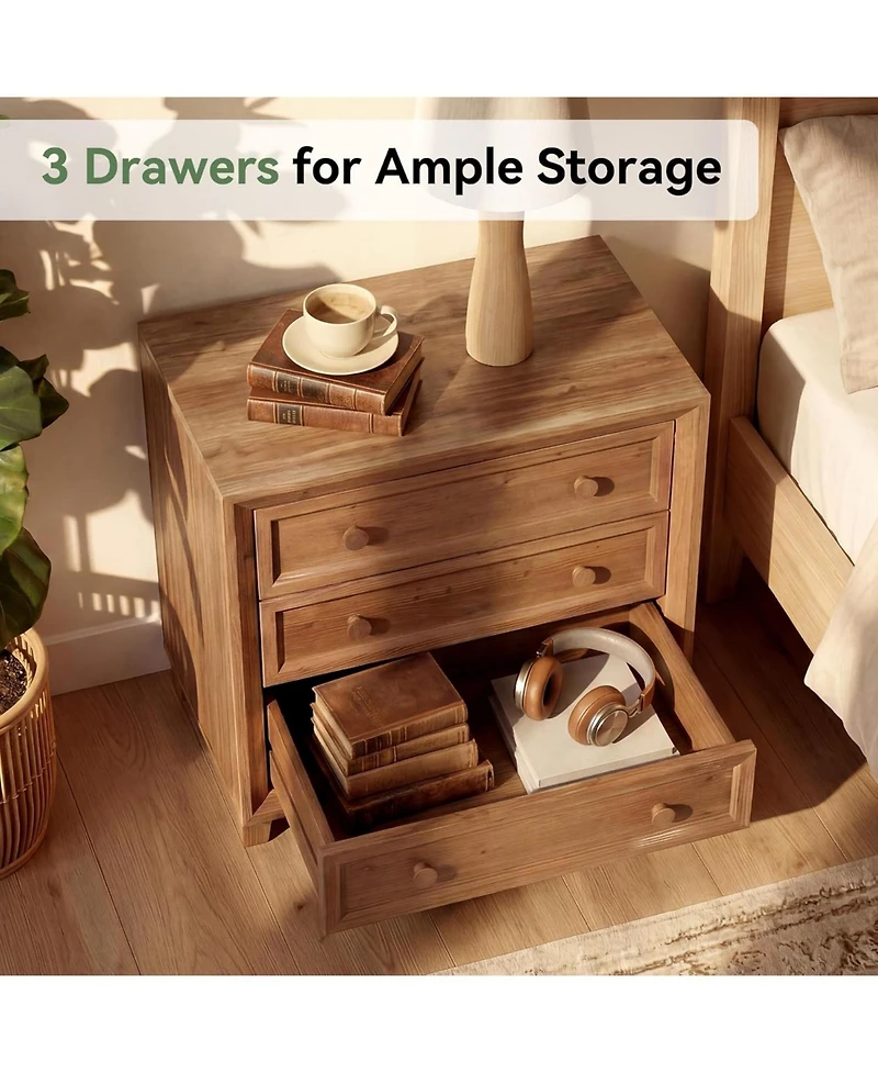 Tribesigns Solid Wood Nightstand with 3 Drawers, 31.5 Wide Bedside Table with Round Wooden Knobs and Low-Profile Legs