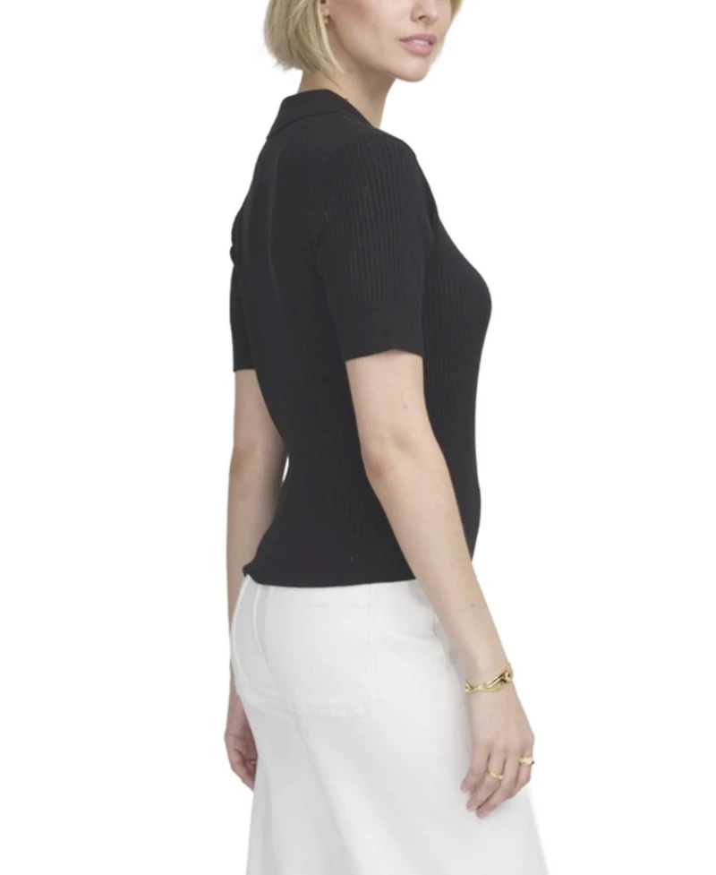 Elle Collection Women's Fine Gauge Ribbed Short Sleeve Henley