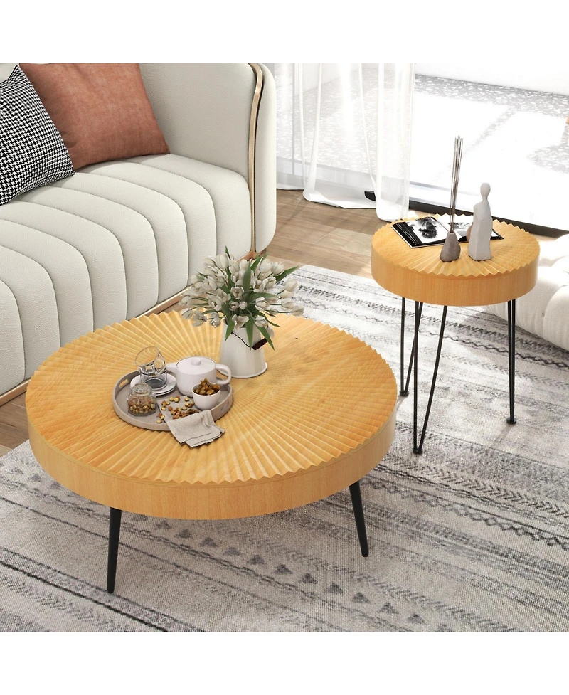 Sugift Wooden Coffee Table Set of Two with Metal Legs