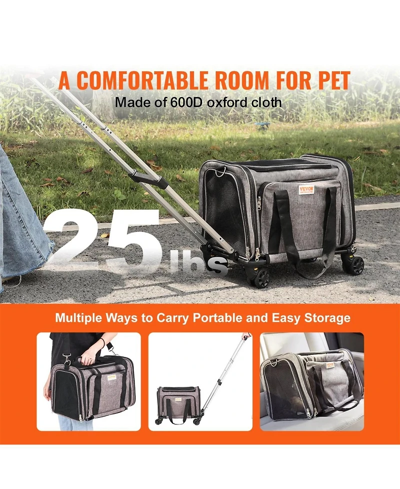 Zeus and Ruta Airline Approved Rolling Cat Carrier With Wheels Telescopic Handle And Shoulder Strap For Pets Under 25lbs Grey