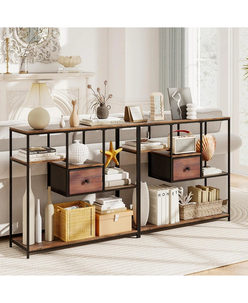 Gouun 40 in Console Table with Fabric Drawer and 4 Staggered Open Shelves