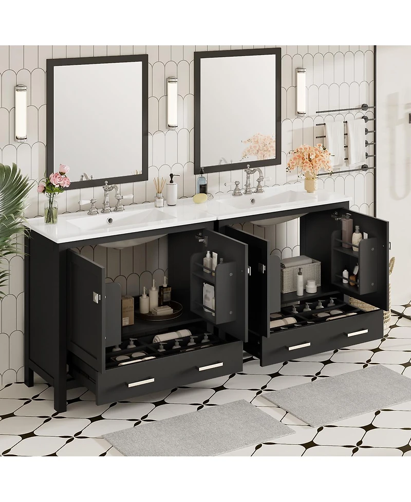 Sillysis 72 Inch Double Bathroom Vanity Set with Ceramic Sinks, Solid Wood Cabinet, Ample Storage and Soft Close Doors, Modern Freestanding