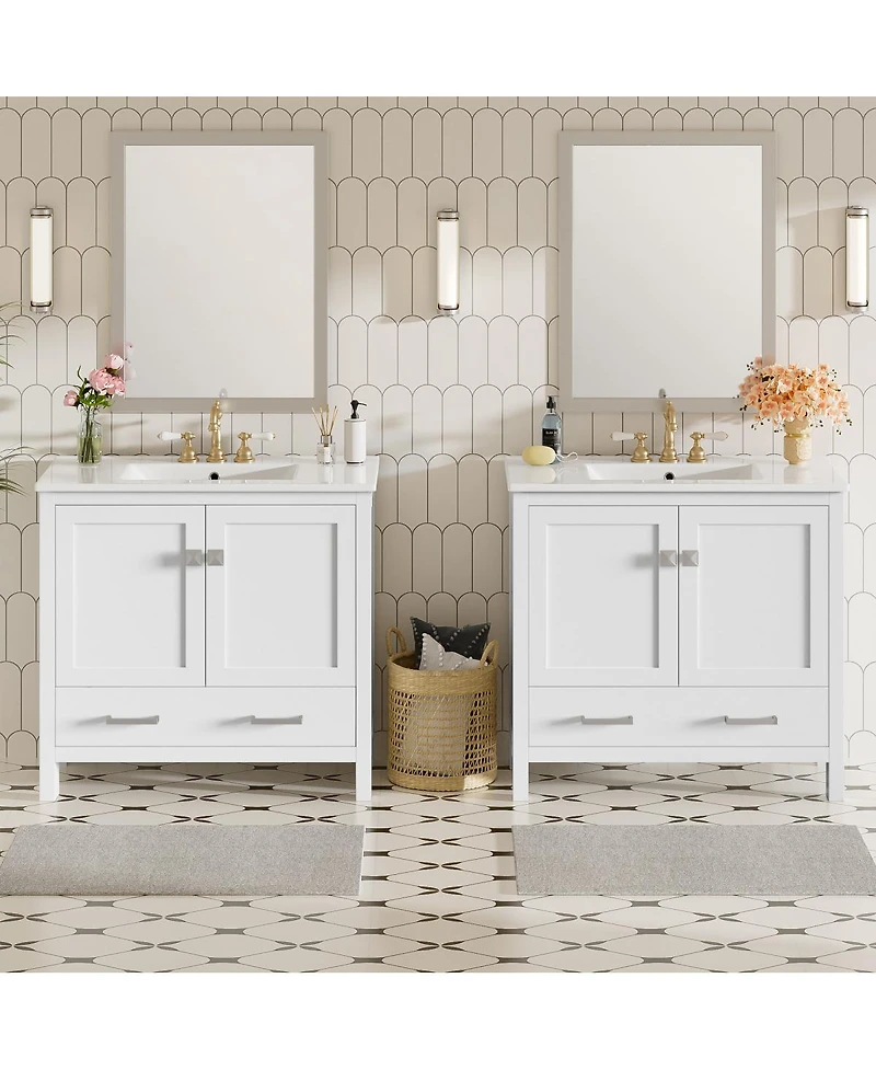 Sillysis 72 Inch Double Bathroom Vanity Set with Ceramic Sinks, Solid Wood Cabinet, Ample Storage and Soft Close Doors, Modern Freestanding