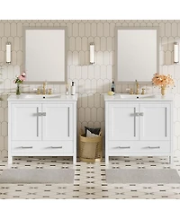 Sillysis 72 Inch Double Bathroom Vanity Set with Ceramic Sinks, Solid Wood Cabinet, Ample Storage and Soft Close Doors, Modern Freestanding