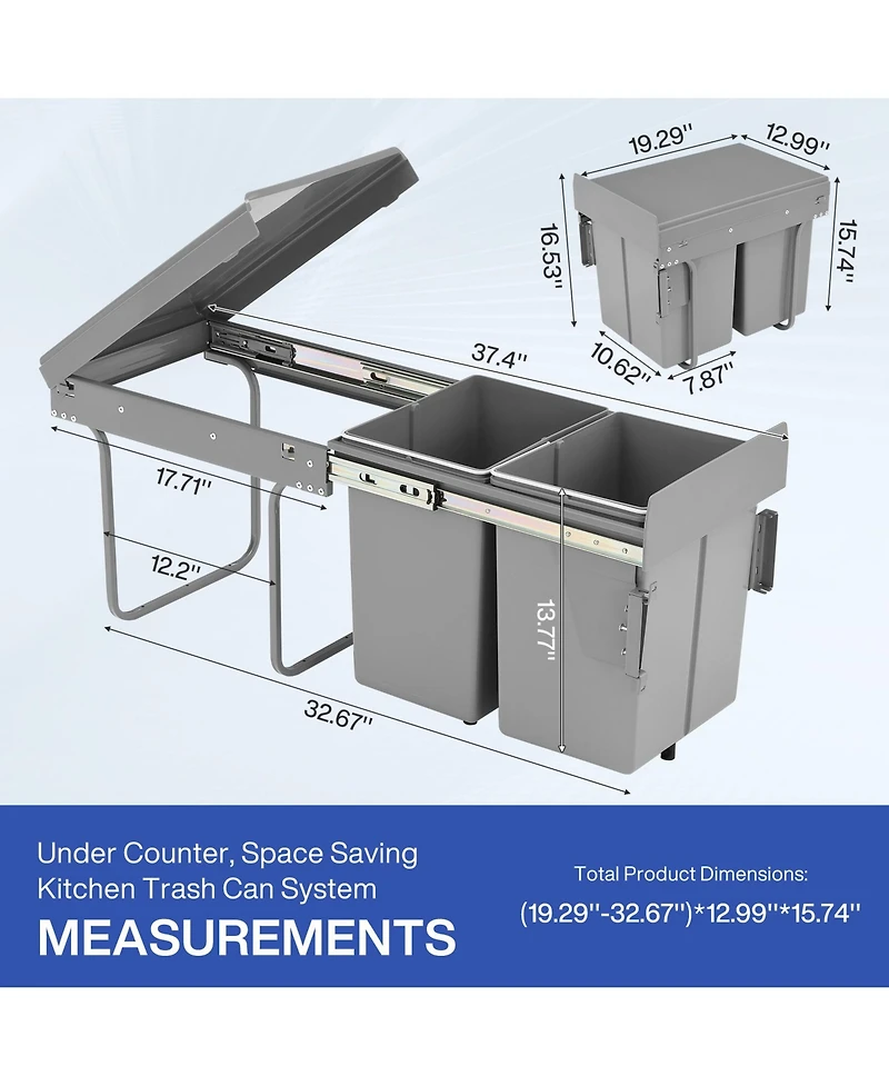 Tribesigns Dual Compartment Under Counter Kitchen Cabinet Pull-Out Trash Can, Slide-Out Waste Bin with Lid