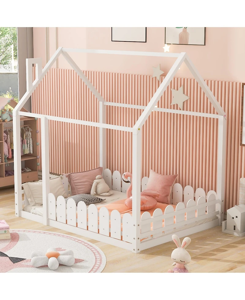 flynama Full Size Wood House Bed Frame with Surrounding Fence Roof Design for Kids Teens Boys and Girls