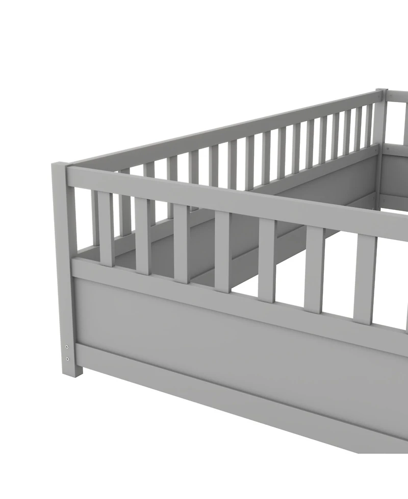 flynama Twin Size Montessori Wooden Floor Bed With High Security Barrier And Door For Kids Bedroom