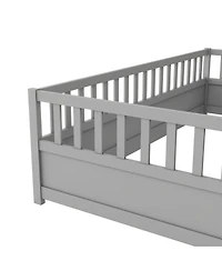 flynama Twin Size Montessori Wooden Floor Bed With High Security Barrier And Door For Kids Bedroom