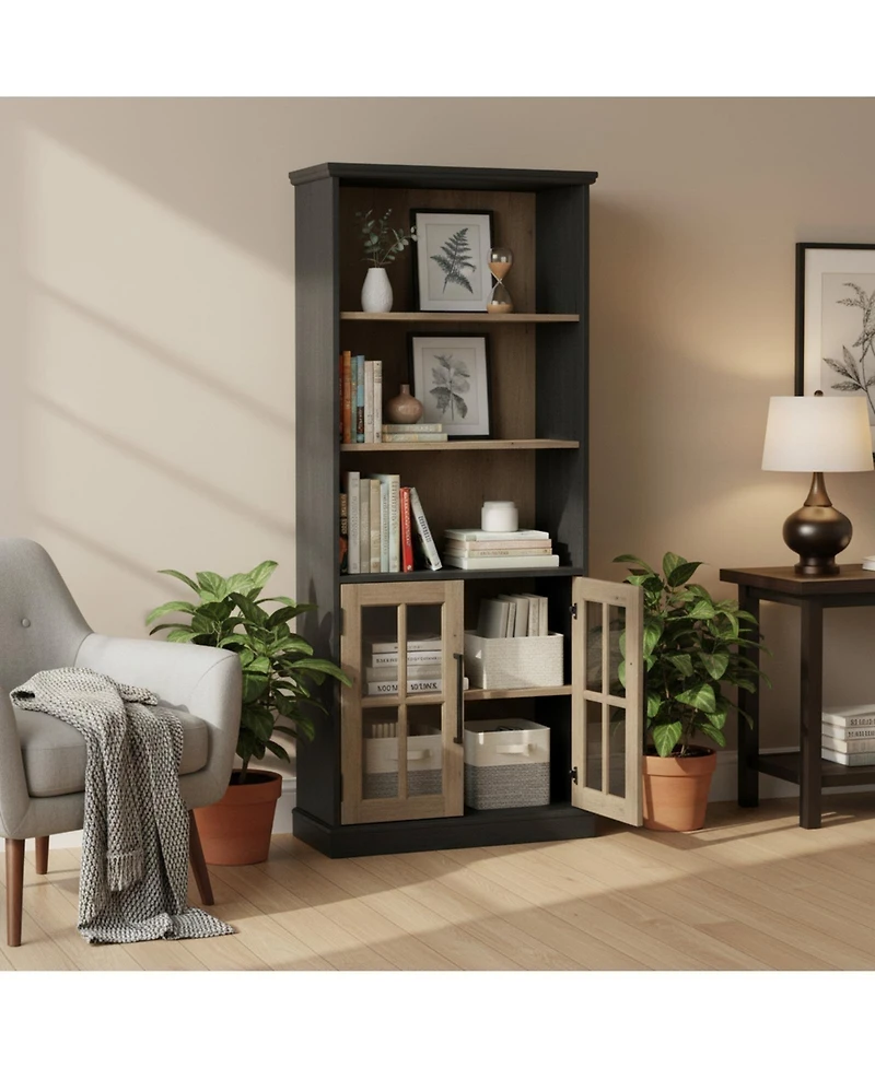 Yigii Tall 5 Shelf Bookcase Glass Doors Modern Farmhouse Storage Living Room Office