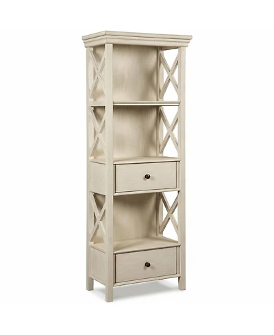 Yigii Cottage Chic Display Cabinet Bookcase Antique White Engineered Wood 3 Shelves 2 Drawers Lattice Sides Crown Moulding