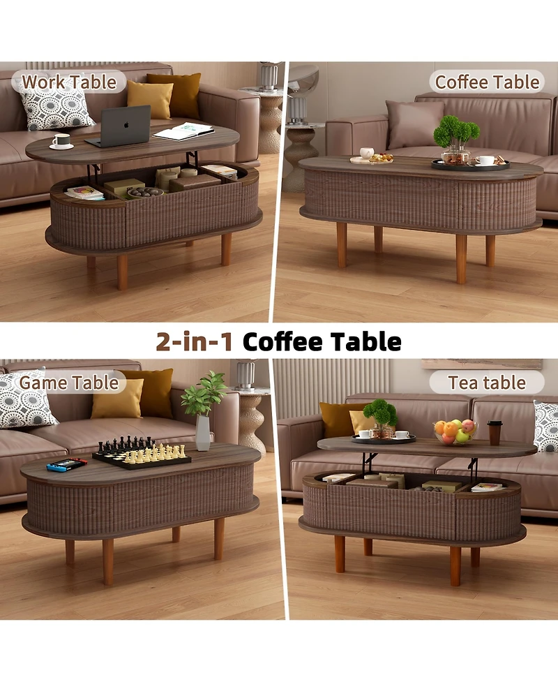 Rainsken Fluted Lift Top Coffee Table, Modern Oval Wooden Center Table with Hidden Compartment for Living Room or Home Office