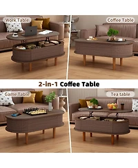 Rainsken Fluted Lift Top Coffee Table, Modern Oval Wooden Center Table with Hidden Compartment for Living Room or Home Office