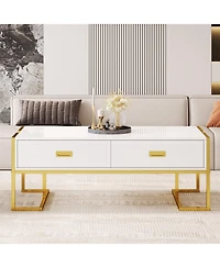 Rainsken Rectangular Coffee Table, Modern 47.4" Center Table with 4 Drawers and Gold Metal Base for Living Room